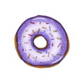 Donut with violet glaze and sprinkles. Hand drawn marker illustration.