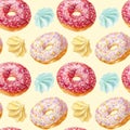 Seamless pattern with colorful donuts with glaze and sprinkles.