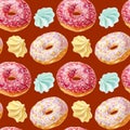 Seamless pattern with colorful donuts with glaze and sprinkles.