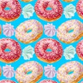 Seamless pattern with colorful donuts with glaze and sprinkles