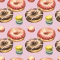 Donut watercolor illustrations isolated on white background. Seamless pattern with colorful donuts with glaze and Royalty Free Stock Photo