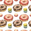 Donut watercolor illustrations isolated on white background. Seamless pattern with colorful donuts with glaze and Royalty Free Stock Photo