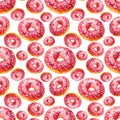 Seamless pattern with colorful donuts with glaze and sprinkles