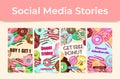 Donut weekend deals social media stories vertical landing page set vector flat illustration