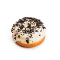 Donut with white cream and chocolate, isolated on white background. Viewing forty-five degrees