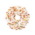 Donut in white glaze with colorful candy sprinkles isolated on white background with clipping path.