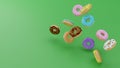 Donuts are in the air. Donuts with different colors of glaze and sprinkles, threedimensional Royalty Free Stock Photo