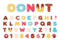 Donuts alphabet. Sweet doughnut font letters and numbers with icing cream. Cartoon baked and chocolate glazed type