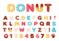 Donuts alphabet. Sweet doughnut font letters and numbers with icing cream. Cartoon baked and chocolate glazed type. Dessert abc