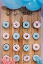 Donuts bar. Baby Shower party decor. Delicious reception. Celebration concept. Trendy candy bar. Table with sweets, dessert. Photo Royalty Free Stock Photo