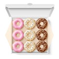 Donuts box. Realistic sweet pastries with different types glazes and sprinkles in cardboard package, caloric fast food