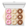 Donuts box. Realistic sweet pastries with different types glazes and sprinkles in cardboard package, caloric fast food. Vanilla,