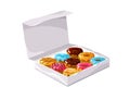 Donuts in the box. Sweet snack dough in box, chocolate cake dough in paper box with logo, appetizing glazed dessert