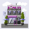 Donuts cafe exterior vector illustration. Flat design of facade. Cafe building concept. Grey and purple two-story Royalty Free Stock Photo