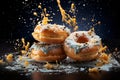 Donuts with caramel and powdered sugar