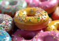 Donuts with caramel and strawberry glaze and sweet sprinkles.Macro.AI Generative