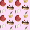 Donuts and chocolate coated marshmallow seamless pattern on pink background. Watercolor print with Hanukkah sweets Royalty Free Stock Photo