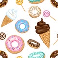 Donuts, chocolate and vanilla ice cream in waffle cone and lollipop. Seamless pattern. Background of sweet. Cartoon style Royalty Free Stock Photo