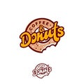 Donuts and Coffee logo. Cafe or bakery emblem. Bitten Donut with lettering and small candies.