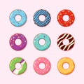 Donuts collection. Dessert foods for coffee time breakfast chocolate snacks pastries products garish vector donuts Royalty Free Stock Photo