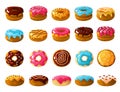 Donuts collection. Sweet doughnut pastry with sprinkles, glaze and frosting, colorful sweet pastry dessert for bakery