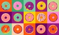 Donuts colorful pattern, background and illustrations collection