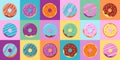 Donuts colorful pattern, background and illustrations collection