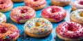 Donuts with Colorful Sprinkles on a Blue Background, donuts, sprinkles, pastry, sweet treat