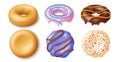 Donuts constructor. Realistic sweet buns and different glazes and toppings, top and side view, mixed flavors cakes kit