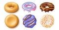 Donuts constructor. Realistic sweet buns and different glazes and toppings, top and side view, mixed flavors cakes kit, chocolate Royalty Free Stock Photo