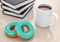 Donuts with cup and books