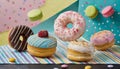 Donuts, cupcakes, cookies, macaroons flying over colorful geometric background. Advertising concept