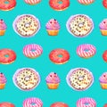 Donuts and cupcakes watercolor seamless pattern. Delicious pastries seamless texture.
