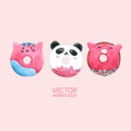 Donuts Cute. Vector watercolor, Hand drawn for Greeting Card, Packaging , Bakery Shop and more