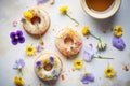 donuts decorated with edible flowers, soft lighting