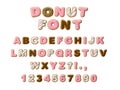 Donuts decorative font glazed sweet letters and numbers. Cute design. 3D illustration