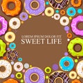 donuts. decorative pattern with glazy pastries donuts in circle forms. Vector abstract background in cartoon style