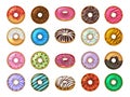 Donuts desserts. Round fast food products tasty chocolate rings cakes colored vector set Royalty Free Stock Photo