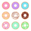 Donuts. Donuts in colorful glaze, children\'s sweets in assortment, pastries for menu design.
