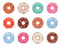 Donuts. Doughnuts in colorful glaze, kids sweets assorted, pastry for menu design, cafe decoration and delivery box