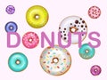 Donuts doughnuts vector illustration. Fried confection glazed dessert bakery product sweet food. Various color and size Royalty Free Stock Photo