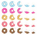 Donuts eating stages. Pink, yellow and blue glazed chocolate donuts, tasty donut animation progression. Eating dessert