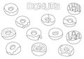 Donuts elements hand drawn set. Coloring book template. Outline doodle