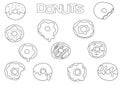 Donuts elements hand drawn set. Coloring book template. Outline doodle