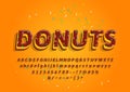 Donuts hand drawn decorative alphabet with colored topping. Cartoon sweet letters and numbers. Vector