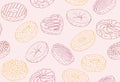 Hand drawn donuts seamless pattern on pink background, red brown and yellow colors Royalty Free Stock Photo