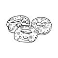 Donuts with icing outline vector. Isolated on white background. Hand drawn black line dessert illustration. Sweet food. Design for