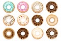 Donuts with icing, sprinkles, black and white chocolate. Set of colorful doughnut . Cartoon style Royalty Free Stock Photo