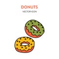 Donuts icon. Vector colorful illustration of two round with icing and sprinkling. Donut vector icon