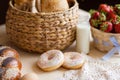Donuts on the kitchen table, kitchen still life, rich breakfast Royalty Free Stock Photo
